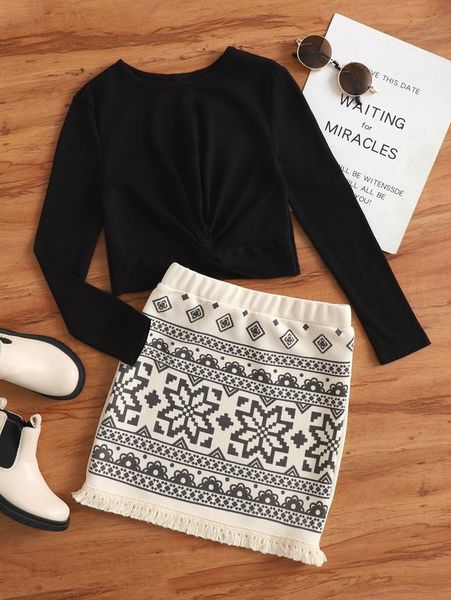 

girls twist hem tee & geo print raw cut skirt she, White