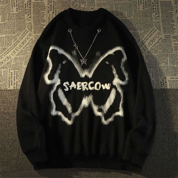 

oversized hoodies women korean style 2022 spring loose retro printing sweatshirt grunge long sleeve pullovers y2k clothes o-neck, Black