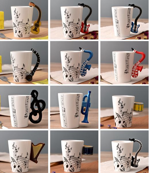 Hochwertige Kaffeetasse mit Notendruck, Violine, Gitarre, Trompete, Musikinstrumente, Griff aus Keramik, 250 ml