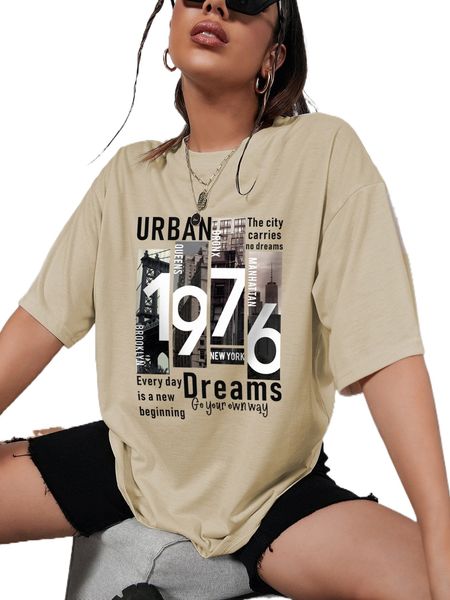 

building & slogan print drop shoulder tee n35q#, White