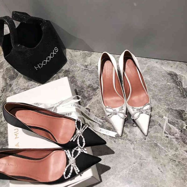 

dress shoes amina muaddi bow high heels shallow mouth pointed silk women's single shoes large, Black