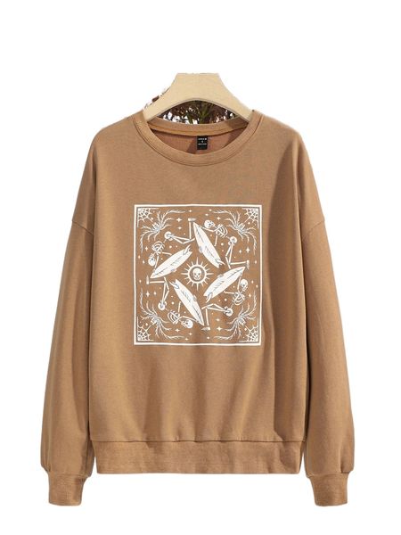 

x folluther skeleton print drop shoulder pullover b268#, Black