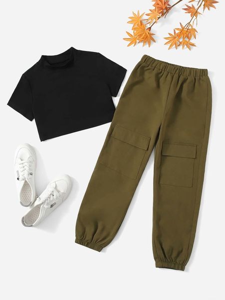 

girls mock neck tee with cargo pants she, White