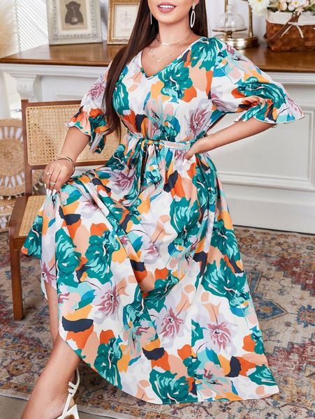

plus floral print flounce sleeve belted dress d9tf#, Black