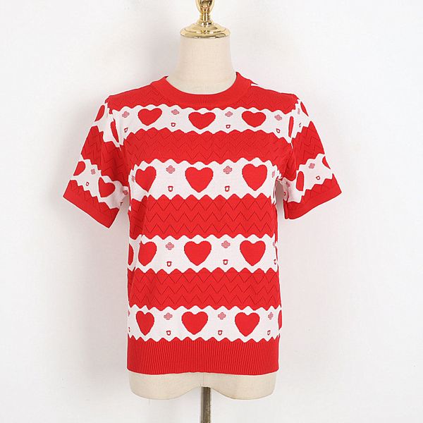 

532 2022 runway summer brand same style sweater crew neck black white red short sleeve women's sweaters qian, White;black