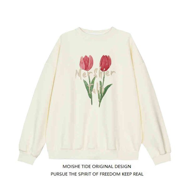 

moishe tide vintage tulip oil painting long sleeve round neck sweater for men and women loose lazy style couple jacket, Black