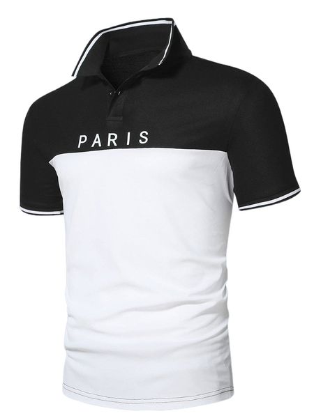 

men color block letter graphic contrast trim polo shirt s5r4#, White;black