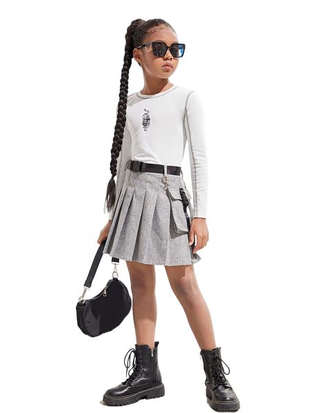 

girls tiger print tee & pleated skirt with pocket m8xo#, Black;white