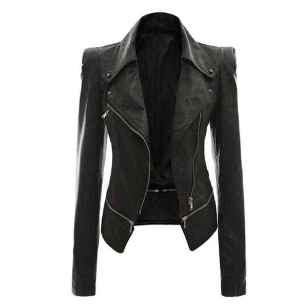 

fashion women autumn solid color faux leather zipper lapel motorcycle jacket l220728, Black