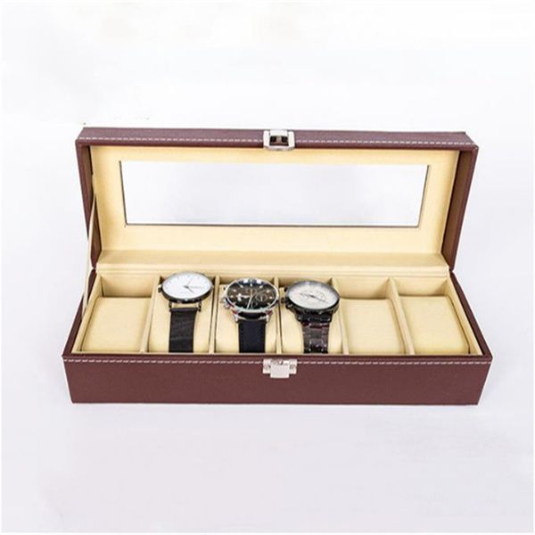 

6 grid brown watch box watches display storage boxes bracelet slots case holder jewelry container gift high carbon fiber