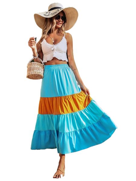 

colorblock elastic waist ruffle hem skirt m58e#, Black