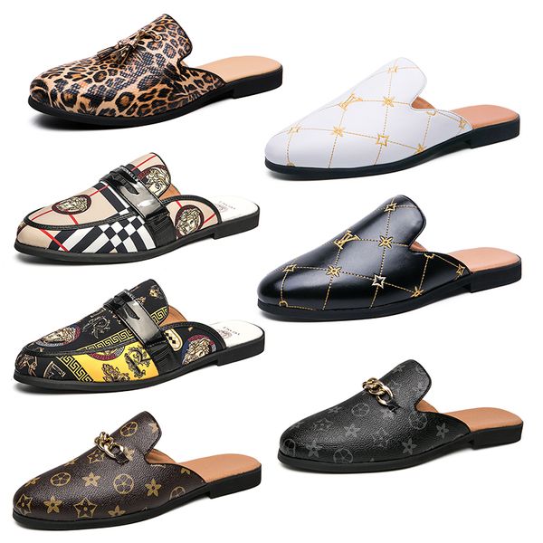 

men luxury brand designer horsebit metal buckle leopard print slippers genuine leather mules black brown flip flops men casual lazy shoes bi