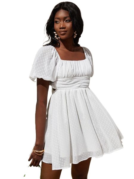 

swiss dot ruched bust tie back puff sleeve dress v4yi#, Black;gray
