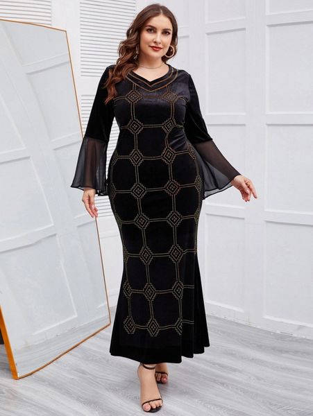 

plus argyle print trumpet sleeve mermaid hem velvet dress n1xe#, Black