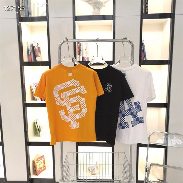 

women's t-shirt designer 2022 summer new korean mlb chessboard ny old flower large embroidered letter loose couple round neck short sle, White