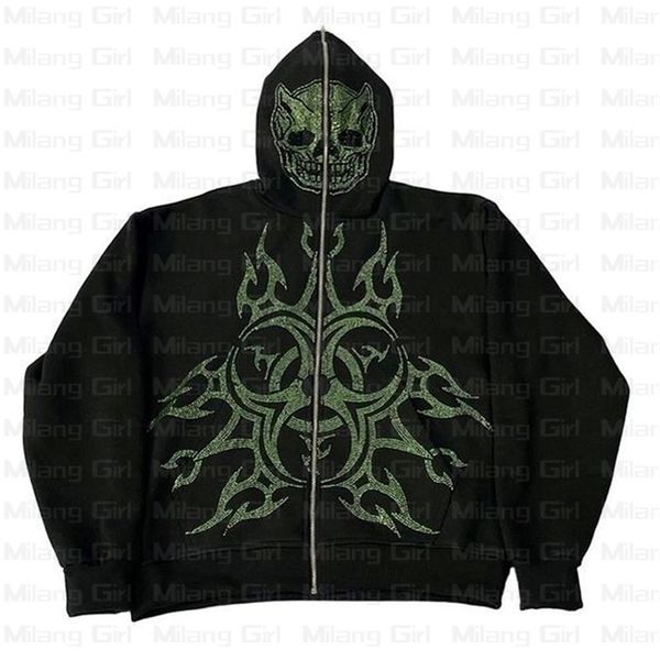 

zip up hoodie y2k skull rhinestones graphic print grunge sweatshirt sport gothic long sleeve oversized hoodie jacket men's coat 220725, Black