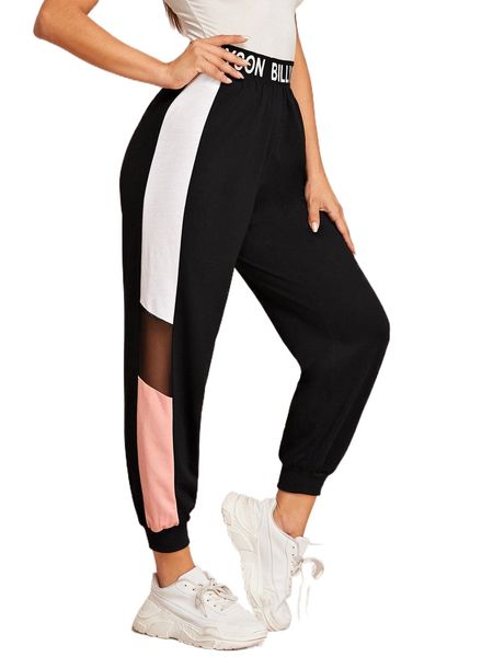 

letter graphic mesh insert colorblock joggers m36i#, Black;white
