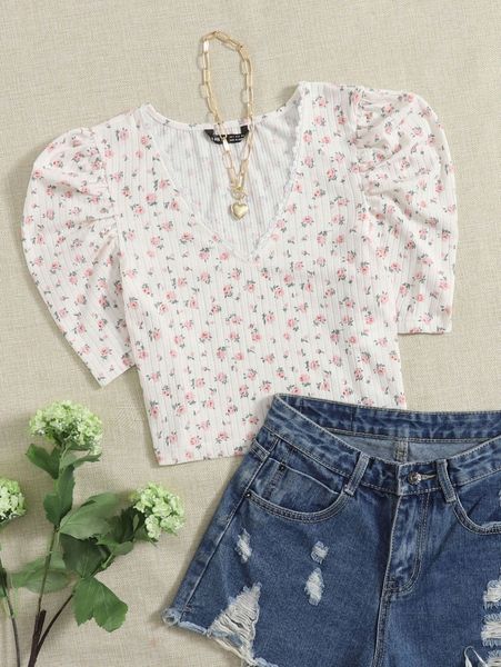 

puff sleeve lace trim ditsy floral tee 11ec#, White