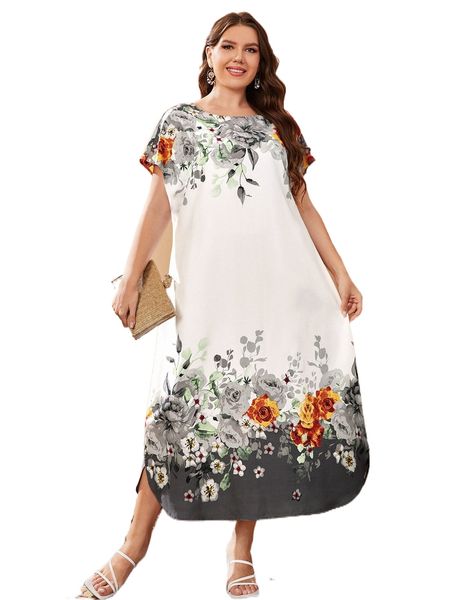 

plus floral print split hem tunic dress w7ps#, Black