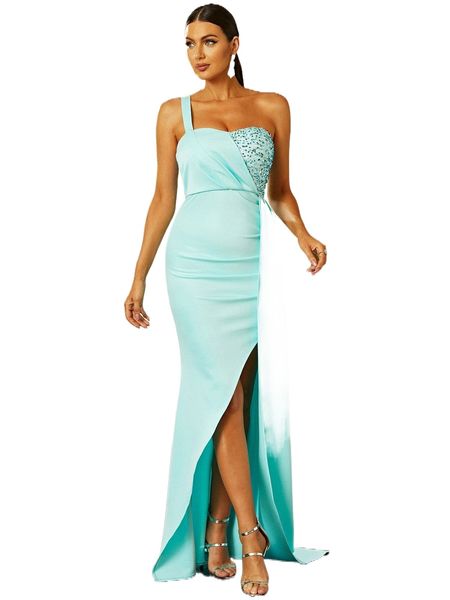

missord one shoulder sequin ruched draped asymmetrical hem formal dress f8pv#, Black;gray