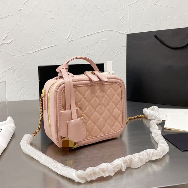 

classic filigree vanity case totes bag caviar calfskin leather luxury quilted plaid gold metal chain double zipper shoulder crossbody design
