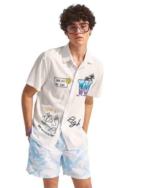 

men 1pc random slogan & cartoon graphic shirt v2em#, White;black