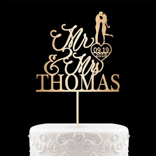 Benutzerdefinierter Nachname und Datum mit Herz, Mr. Mrs. Kiss Cake Topper, romantisches, einzigartiges Geschenk, Hochzeitsdekoration, D220618