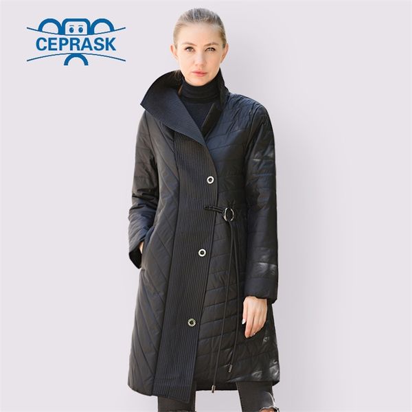 

ceprask spring autumn jacket women thin cotton parka fashion collar asymmetry long plus size coat warm clothes 201128, Black