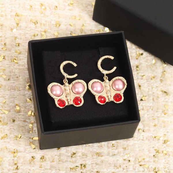 

2022 charm drop earring with red and pink beads in 18k gold plated butterfly design for women wedding jewelry gift hav243s, Golden