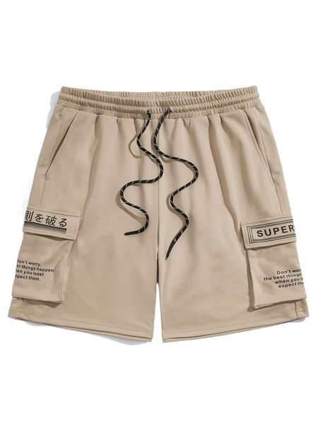 

men slogan graphic drawstring waist flap pocket shorts v5x2#, White;black
