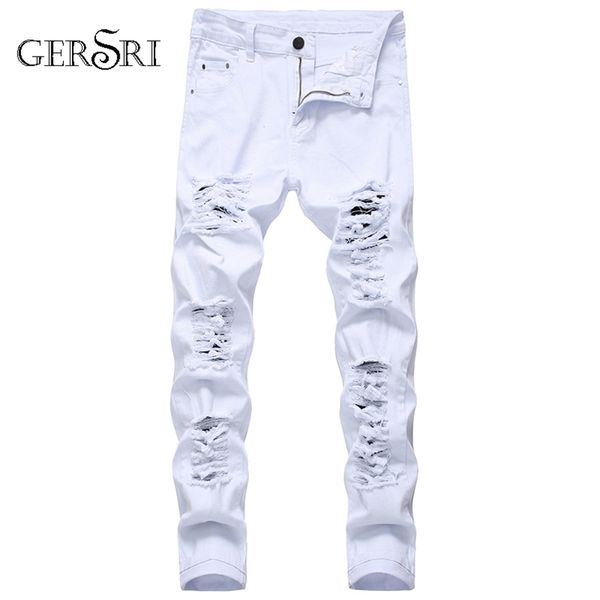 

straight hole destruction trousers distressed jeans men denim fashion designer brand white pants male large size 220328, Blue