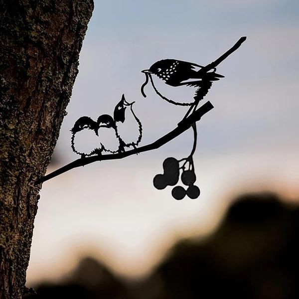 Dekorative Objekte Figuren Gartenkunst Metall Hof Baum Vogel Tierkunst Edelstahl Vier Vögel Familie Hinterhof HeimdekorationenDecora