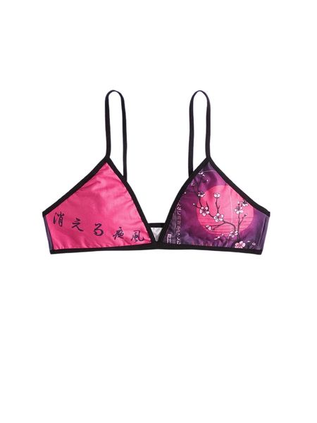 

romwe anime floral graphic contrast binding bralette n5gb#, Black;red