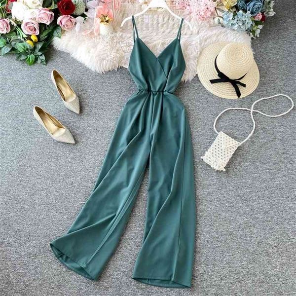 

summer loose wide leg solid yellow rompers casual v-neck sleeveless open back strap jumpsuits female new fashion playsuits 210326, Black;white