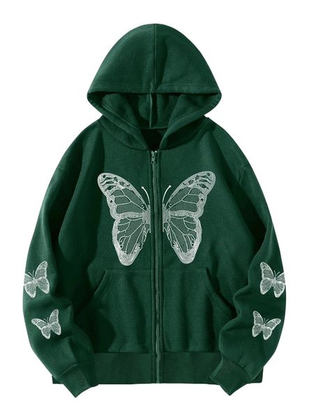 

butterfly print zip up drawstring thermal hoodie g6u3#, Black