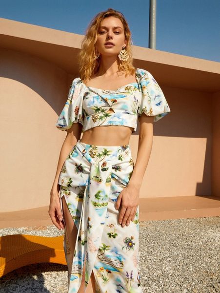 

plants print tie back puff sleeve blouse y76j#, White