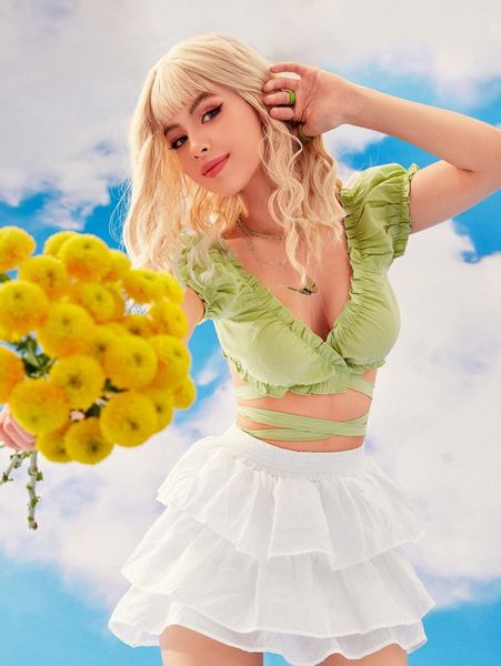 

puff sleeve frill trim crisscross tie back crop r1sn#, White