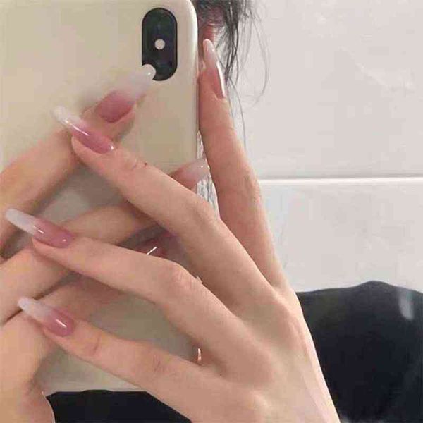 

false nails 24pcs box artificial with press glue milky white pink gradients long ballet stick fake tips full cover acrylic 0616