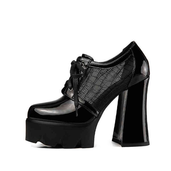 

dress shoes summer and autumn women's shoes round head thick heels water platform bottom mesh rivet lace up cool single women v9e5, Black