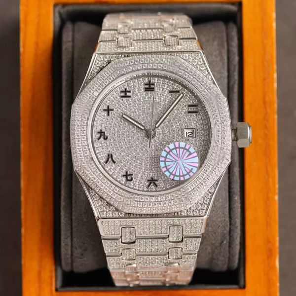 

full diamond mens watches automatic mechanical watch 40mm diamond bezel fashion wristwatch montre de luxe gifts for men, Slivery;brown