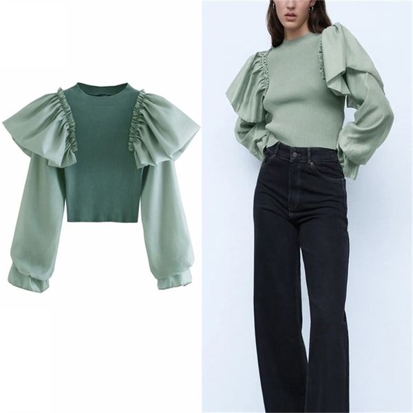 

knit women ruffled organ blouse o-neck long sleeve ribbed trim feminine patchwork autumn knitted blouses 210524, White