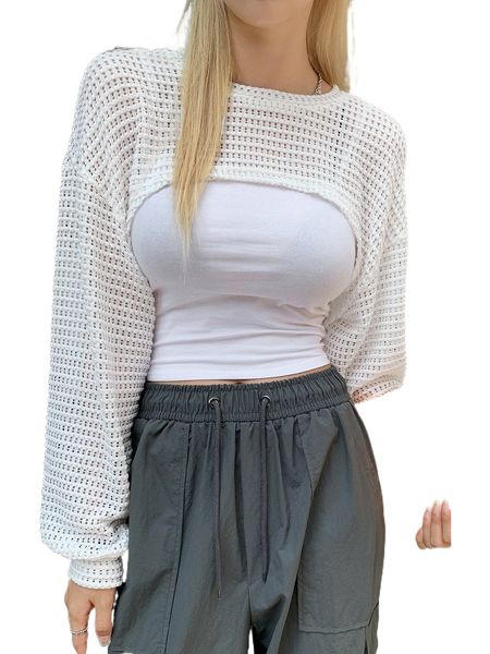 

dazy pointelle knit bishop sleeve super crop without cami w7y0#, White