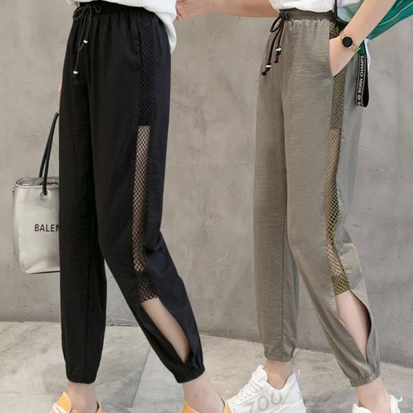 

women's pants & capris 2022 summer women joggers harem patchwork mesh transparent female high waist loose casual hip hop trouser fy85, Black;white