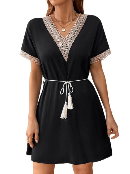 

contrast guipure lace belted tunic dress f9qk#, Black;gray