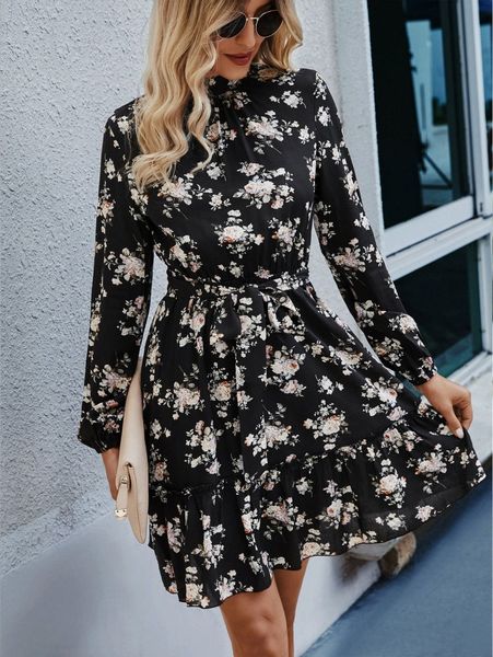 

allover floral print ruffle hem belted dress i0bs#, Black;gray