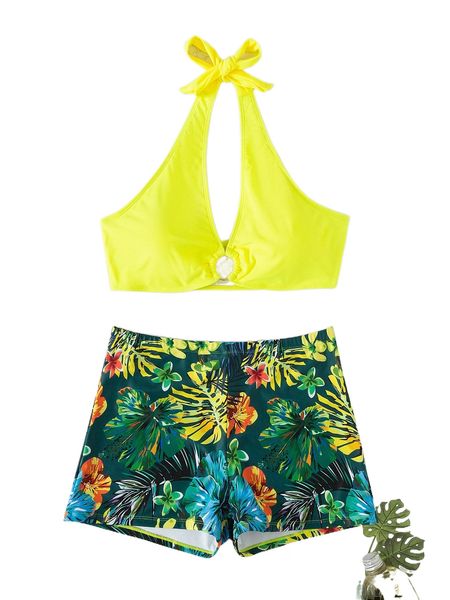 

plus tropical print o-ring tie backless halter bikini swimsuit l0oy#, White;black