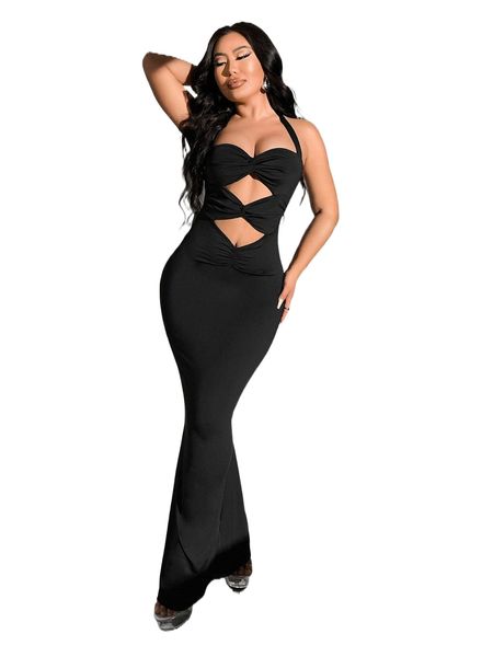 

twist front cut out maxi halter dress r5bl#, Black;gray