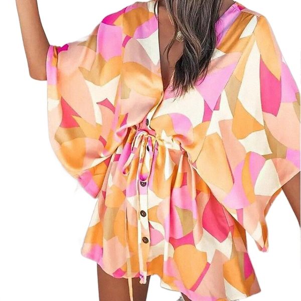 

women's casual dress short mini dress rainbow half sleeve print patchwork print spring summer deep v stylish casual 2022 s  l xl c44s#, Black;gray