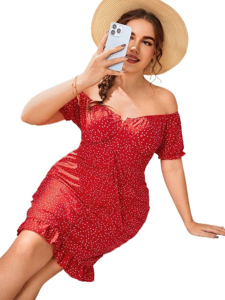 

plus polka dot lace up ruffle hem dress v0zq#, Black