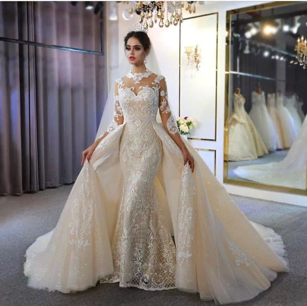Novos vestidos de noiva de sereia de mangas compridas com champanhe com trens destacáveis ​​Vintage High Neck Plus Tamanho Vestidos de noiva espumantes Imagem real BC5030